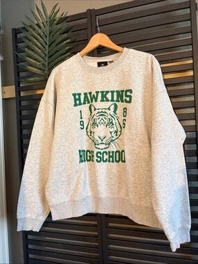 Stranger Things H&M Gray Crewneck Sweatshirt with Green Hawkins High Graphic